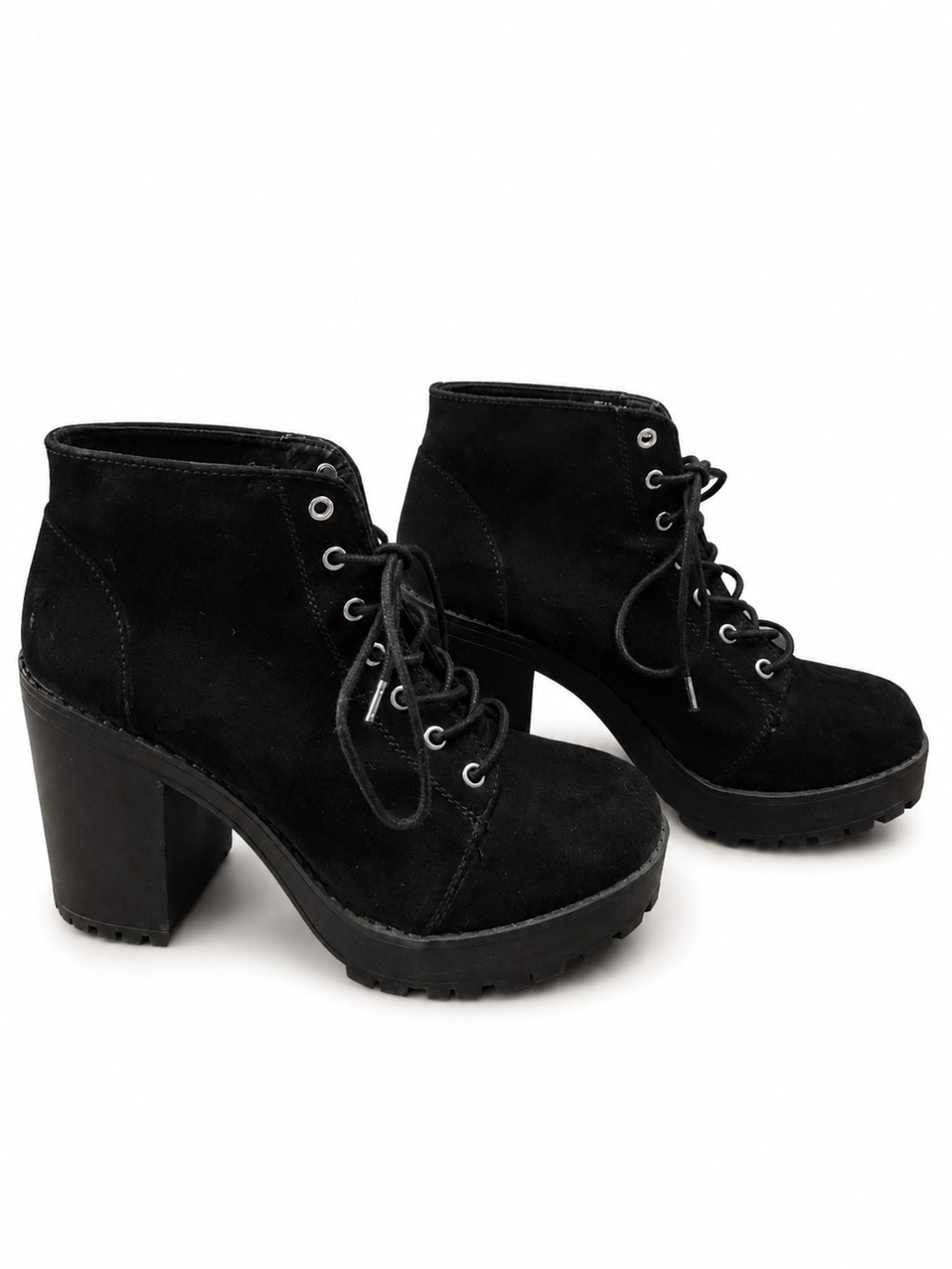 Black Suede Lace-Up Platform Ankle Boots - Women Size 9